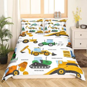 Dessin animé Construction Housse de Couette Pelle Parure Lit 140x200cm Tracteur à Véhicules Camion Voiture avec 2 taie doreiller