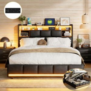 Lit Adulte 140x190 CM - avec LED int&eacute;gr&eacute;e et USB - Lit Coffre avec Rangement Hydraulique - Rangement de chevet - 2 Personne -PU Noir