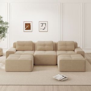 Canap&eacute; modulable d&eacute;soss&eacute; canap&eacute; 3 places en velours c&ocirc;tel&eacute; avec 2 pouf canap&eacute; nuage U avec accoudoirs aucun assemblage (Beige)