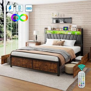 Lit 160x200 cm LUMINARIX Lit Coffre Quatre tiroirs Lit double &Eacute;clairage LED Lit rembourr&eacute; USB et Type-C Structure en bois massif