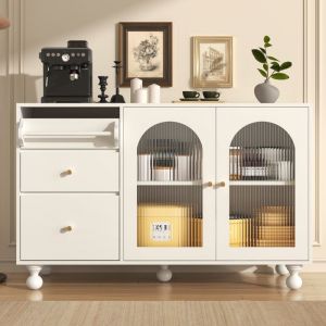 Buffet avec 3 tiroirs 2 portes vitrées Buffet bahut blanc Commode moderne Buffet bas de salon 120x40x75.5 cm