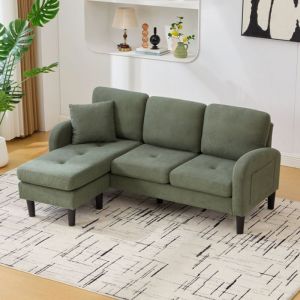 Canap&eacute; dangle L 3 places avec chaise longue velours c&ocirc;tel&eacute; pieds en plastique  166x118x77cm vert