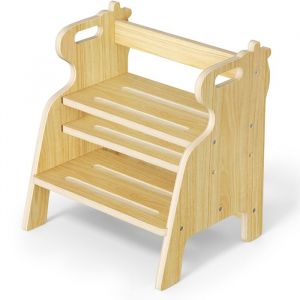 Marche Pied Enfant Bois Tabouret 2 Marches pour EnfantChaise Dossier Convertible R&eacute;glable en Hauteur pour Lavabo Salle Bain