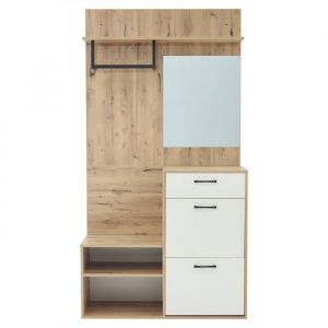 meuble d entree Ensemble entrée blanc/bois 100x385x190cm miroir banc meuble chaussures étagère armoire tiroir rangement