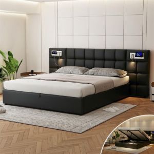 Lit Coffre 180x200 avec Sommier et USB Lit King Size pour Double Lampe de Lecture T&ecirc;te de Lit Longue Grand Dossier PU Noir