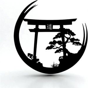 D&eacute;coration murale japonaise Torii Gate & Bonsa&iuml; en m&eacute;tal d&eacute;coup&eacute; design zen minimaliste pour m&eacute;ditation