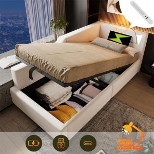 Lit Banquette avec Coffre de Rangemen - Lit 1 Place pour Adulte et Ado - avec Sommier - USB - Lampe de Lecture - Beige - 90x200