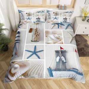 Plage étoiles de mer coquillage phare Parure de lit 3 pieces 1 housse de couette 200*200cm et 2 taies doreillers 63*63cm