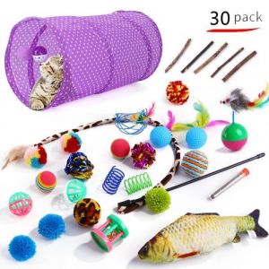 Jouets pour chat Ensemble de 30 pièces Plume de poisson volant Chat Teaser Stick Remplacement Bandeau Cloche