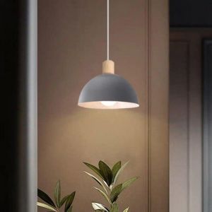 WOTTES Lustre Suspension R&eacute;tro Luminaire Moderne Style Demi-Cercle Plafonnier E27 en Bois M&eacute;tal Gris Lampe Suspension 1PCS &Oslash;20CM