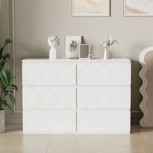 Commode Chambre Elégante avec 6 Tiroirs Armoire Rangement Buffet Salon Laqué Motif Ondulé Blanc 110x40x72cm