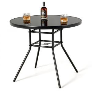 GOPLUS Table de Jardin Ronde 86x71CM avec Trou pour Parasol D.35CM-en Verre Trempé Sérigraphié avec Cadre en Métal Revêtu de