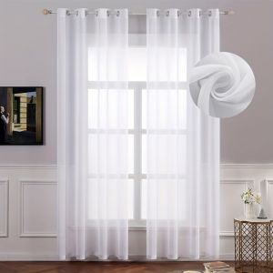 Lot de 2 Rideau Voilage Blanc 150x240cm Transparent &agrave; Oeillet D&eacute;coratif pour Salon Balcon ChambreBlanc