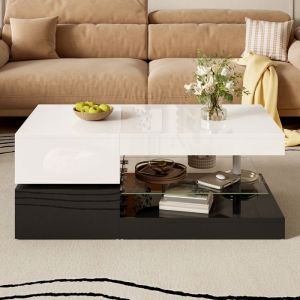Table basse Maisentiel 90x45x355 cm &eacute;clairage LED Bluetooth effet noir et blanc plateau verre tremp&eacute; laqu&eacute;