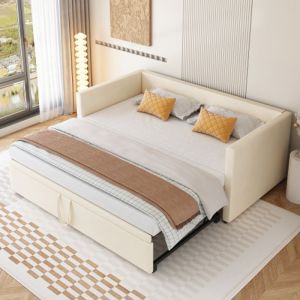 Lit gigogne 90-180x200 cm - Canapé-lit extensible -lit capitonné avec sommier à lattes- tissu velours doux pour la peau -Beige