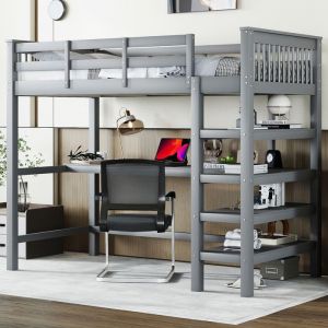Lit Superposes90 x 200 Lit surélevé pour enfants avec tiroirs de rangement et bureau sous le Sans matelassuperposéGris
