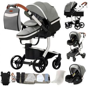 MagicZC Poussette 3 en 1 Pliage automatique Avec nacelle et cosy Sac &agrave; langer & Porte-b&eacute;b&eacute; Offerts Mati&egrave;re PU Gris