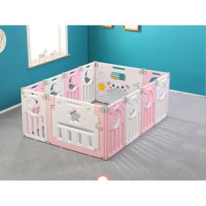 Parc B&eacute;b&eacute; Plastique Assemblable 12 Panneaux Barri&egrave;re de S&eacute;curit&eacute; Pliable pour Enfants 10 Mois &agrave; 6 Ans Rose et Blanc