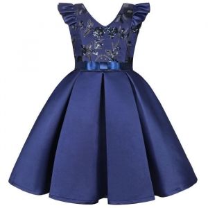 Robe Princesse Cérémonie Fille Paillettes Sans Manches Robe de Mariage Avec Ceinture Noeud Papillon - Bleu roi