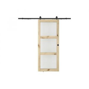 Porte coulissante avec syst&egrave;me en applique en bois et verre tremp&eacute; d&eacute;poli - 3 fen&ecirc;tres - H205 x L63 cm - ACOSTA II