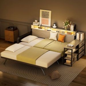 Lit gigogne 90x200 cm lit banquette avec LED port USB tiroirs et rangements cadre m&eacute;tal noir (Sans matelas)