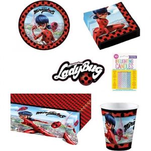 Ladybug Kit Anniversaire Miraculous Complet 16 Enfants (16 Assiettes, 16 gobelets, 20 Serviettes, 1 Nappe + 10 bougies magiques)