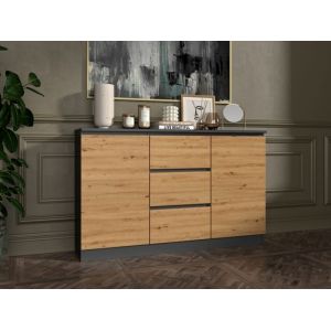 Buffet bas 120 cm - 3 Tiroirs et 2 Portes - Meuble de rangement buffet salon salle à manger - 120x40x75 cm - Gris et Chêne