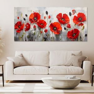 Tableau moderne salon grand tableau coquelicots rouges sur fond gris moderne sur toile sans cadre -150x70 cm