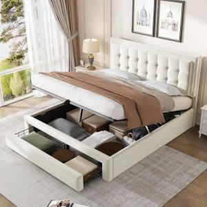 Lit double 140x190cm avec sommier à lattes et tête de lit lit de rangement avec 2 tiroirs support de lattes en bois velours beige