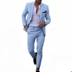 Costume Homme 2 Pi&egrave;ces Lin Classique - Veste et Pantalon - Taille EU - Bleu Ciel