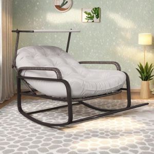 Fauteuil &agrave; bascule Chaise relax avec dossier r&eacute;glable et repose-pieds pliable fauteuil en rotin avec toit pare-soleil Beige