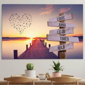 Toile personnalisée avec cadre prénom famille Coeur et ponton coucher de soleil 70x50cm Peut être accroché directement