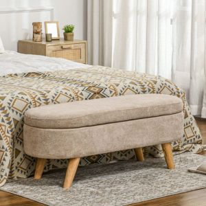Banc banquette bout de lit coffre de rangement 2 en 1 en tissu avec pieds en bois 110l x 40P x 43H cm cm beige