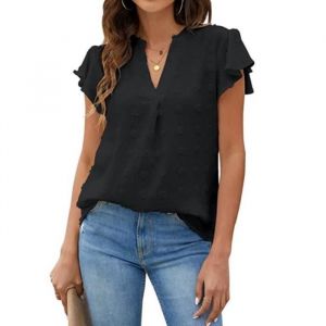 Chemisier uni femme Chic noir été manches courtes col V grande taille Tunique blouse coton T-shirt décontracté printemps pas cher