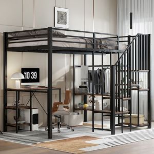 Lit mezzanine enfant 120x200 cm Lit simple en m&eacute;tal avec bureau &eacute;tag&egrave;res escalier de rangement armoire et sommier &agrave; lattes