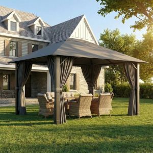 Tonnelle de Jardin en Aluminium 3x4m 10 Poteaux de Toit + Entretoises Triangulaires (Stabilit&eacute; +50%) Imperm&eacute;able Anti-UV 50+ Gris