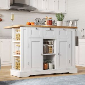 132cm table &agrave; manger mobile style rustique comptoir pliant armoire multifonction tiroirs porte - &eacute;pices porte - serviettes