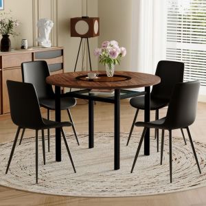 Ensemble table &agrave; manger ronde &Oslash;100 cm effet bois brun avec insert verre et 4 chaises PU noirpour cuisine/salle &agrave; manger