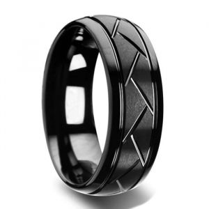Zense - Bague noire brillante pour homme avec rainures ZR0177