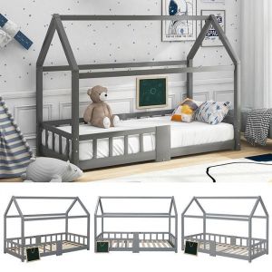 Lit cabane enfant 90x200cm Lit au sol b&eacute;b&eacute; avec sommier &agrave; lattes protection contre les chutes en bois de pin Gris (sans matelas)