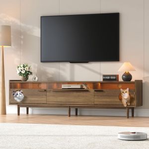 Meuble TV Moderne avec &Eacute;clairage LED - Espace Repos pour Chat Portes en Verre Renforc&eacute;es Acier & 1 Tiroir Noyer 180&times;40&times;50cm