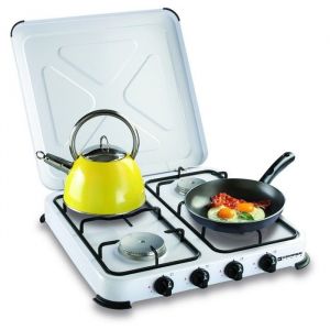 Réchaud gaz portable 4 feux 4650W Blanc laqué Couvercle KEMPER
