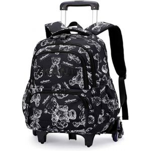 Sac à Dos à Roulettes pour Garçons Filles de 6 à 16 AnsEnfants Cartable à Roulettes en Nylon Durable et Imperméable 6 Roues Noir