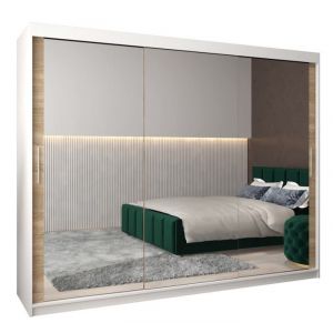Armoire &agrave; 3 Portes Coulissantes avec Miroir Tringle et &Eacute;tag&egrave;res - ABIKSMEBLE Tokyo 3 250 - 250x200x62 cm Blanc et Sonoma