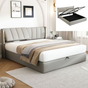 Lit 140x190 cm avec tête de lit réglable de 0 à 30 ° lit coffre 140x190cm avec sommier éclairage LED et port USB galet PU Gris