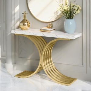 Console Meuble 100 x 30 x 80 cm Table de Présentation Table Console Blanche Meuble  pour Couloir EntréeSalon (Blanc et Doré)
