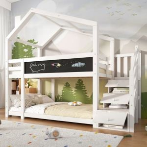 Lit superposé enfant 90×200 cm avec escalier de rangement et tableau noir Cadre de lit en Bois Massif Lit cabane enfant en Blanc