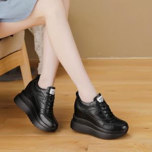 Baskets à Semelle Compensée pour Femme - ECELEN - Chaussure Plateforme en Cuir - Talon de 10 cm - Noir - Lacets