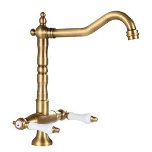 ElektraH Robinet de Cuisine Poign&eacute;e Double en C&eacute;ramique BlanchePivotant 360&deg;Bec col de cygneAcier Inoxydable Bross&eacute;