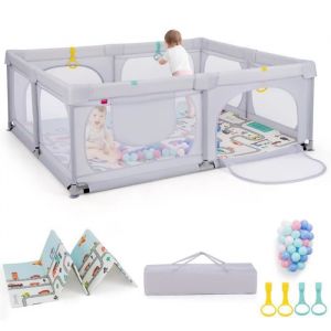COSTWAY Grand Parc Bébé 189x158 cm-Tapis de Jeu Pliable-Maille Respirante-4 Anneaux de Traction-50 Balles dOcéan-0-3 Ans-Gris Clair